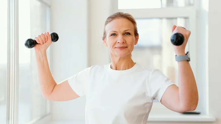 Mature woman wearing a white T-shirt holding small hand weights.