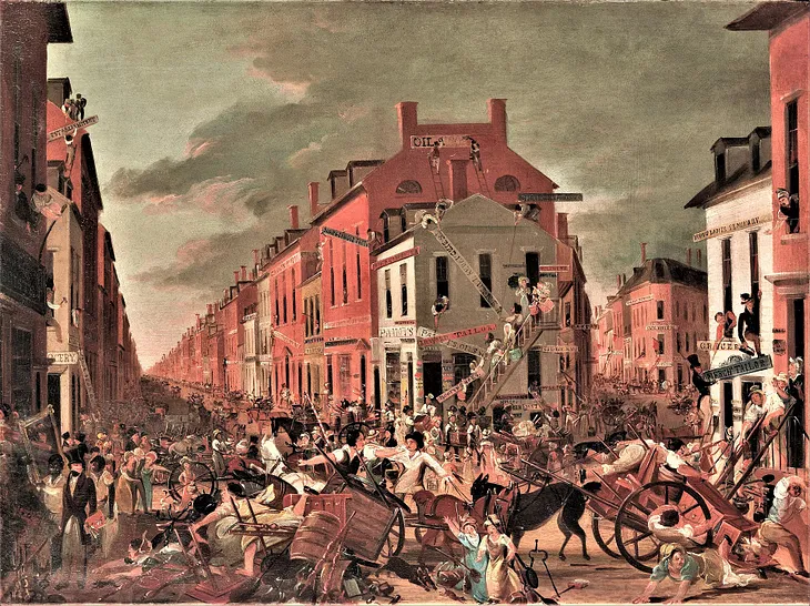 a painting that shows the hustle bustle of NYC on May 1st (the official moving day)