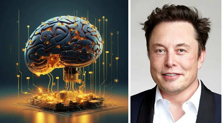 Elon Musk next to an AI generated image of an electronic brain