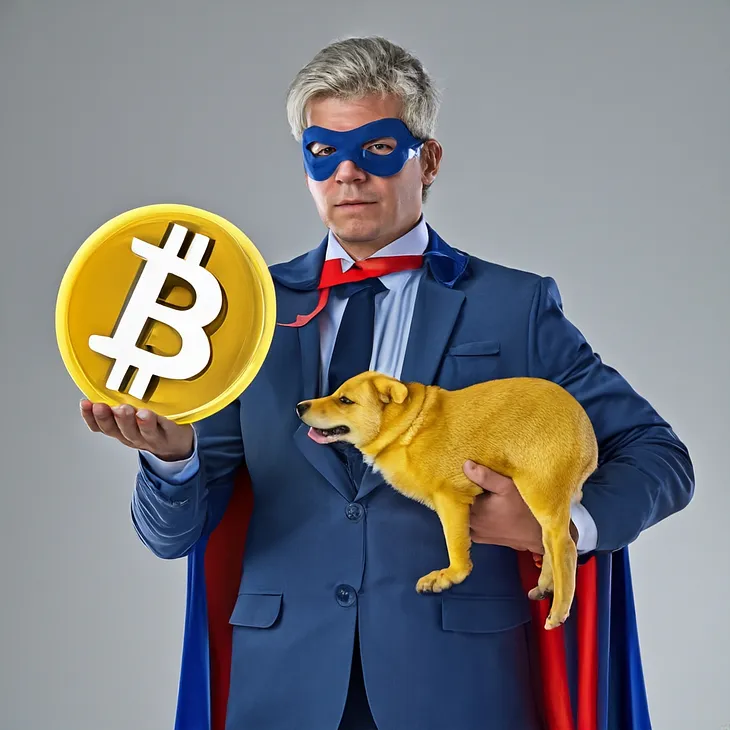 Superhero holding a dog and a bitcoin. Crypto. Doge. Doge coin.