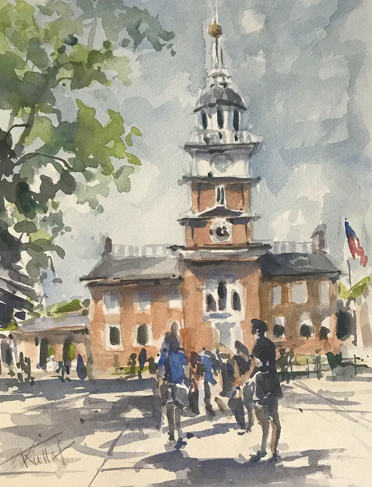 Watercolor painting of Independence Hall by Anne Kullaf