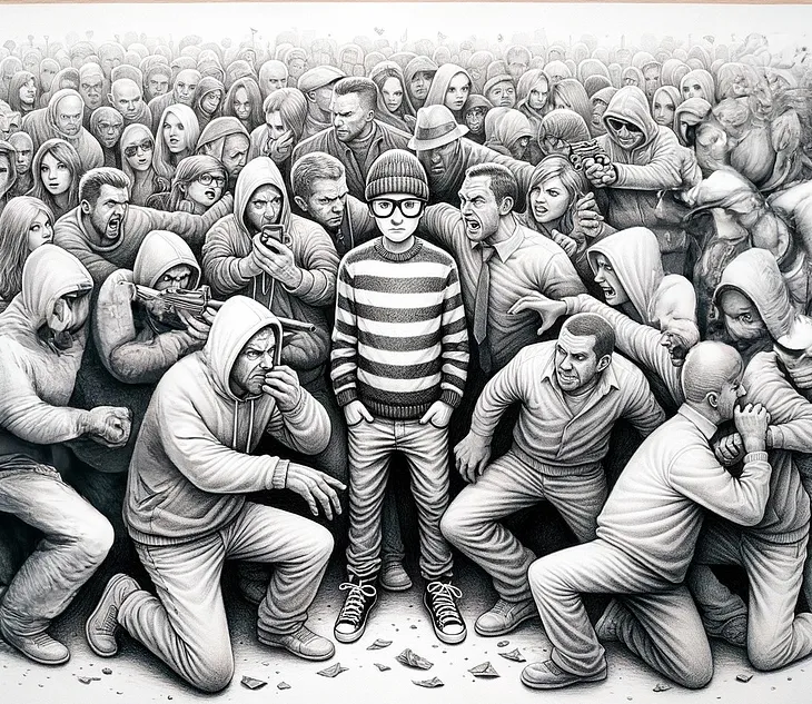 black and white image of man in striped shirt and glasses surrounded by a group of threatening looking people