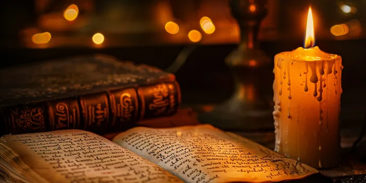 An ancient book laying on a table, illuminated by the warm glow of candles.