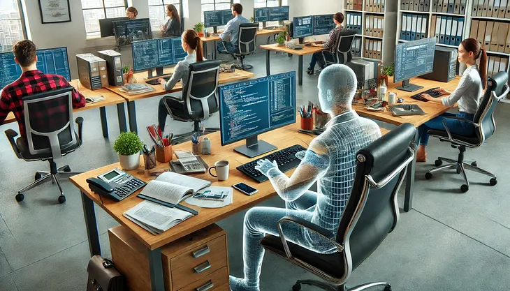 A transparent person sitting at a computer desk in an office full of other workers.