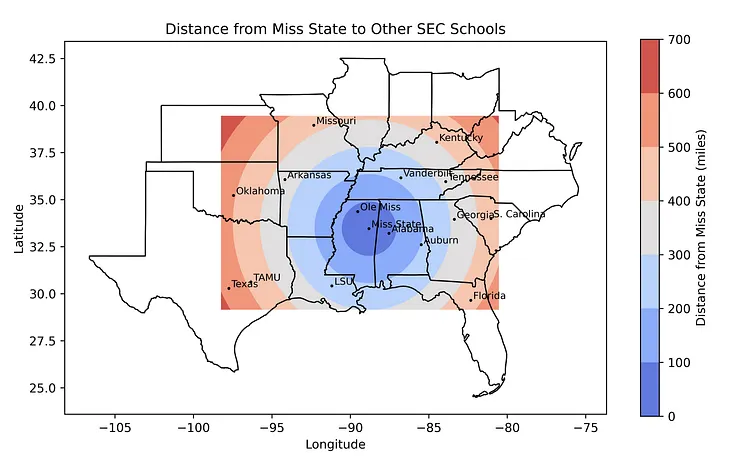 A colorful map of distances from Mississippi State University in Starkville, MS.