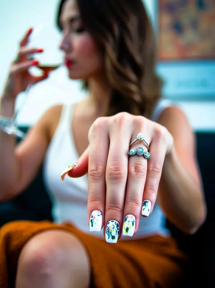 A woman drinking wine and showing her painted nails to the camera