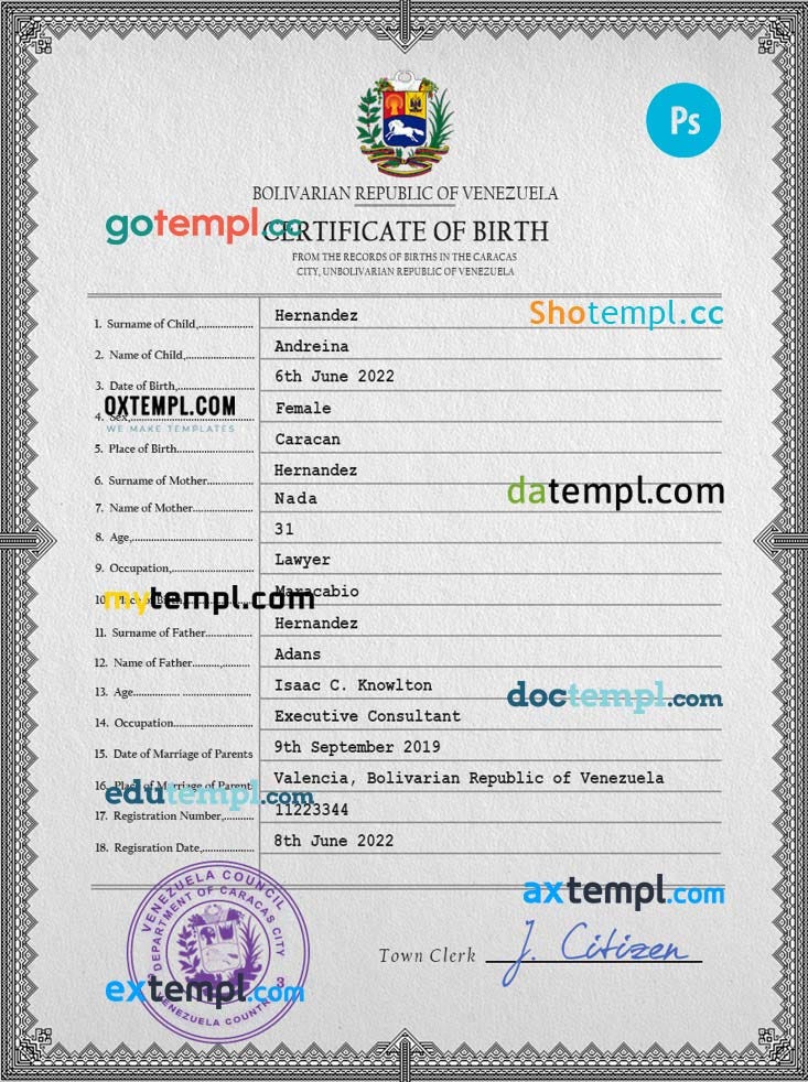 Venezuela vital record download birth certificate PSD example by