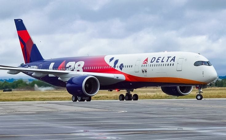 Delta Airlines Airbus A350–900 dressed in the LA28 livery