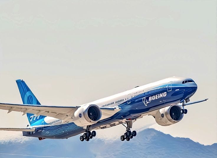Boeing 777–9 powering into the sky with the GE9X