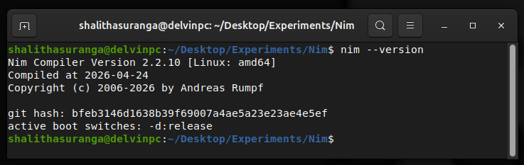 Testing the nim command after installing the Nim compiler, a screenshot by the author