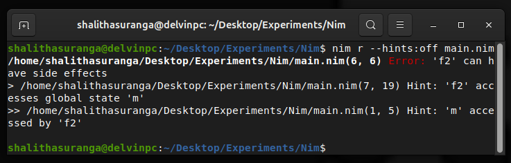 Compilation fails since the f2() function is not a pure function, a screenshot by the author