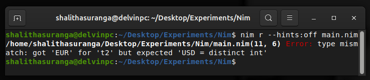 Compilation fails when one distinct type gets assigned to another, a screenshot by the author