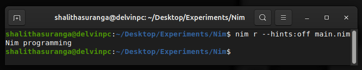 Compiling and running the sample Nim program, a screenshot by the author