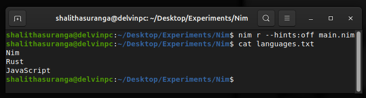 Writing a text file line-by-line in Nim, a screenshot by the author