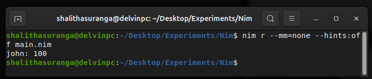 Compiling and running the above manual memory management example without garbage collectors, a screenshot by the author