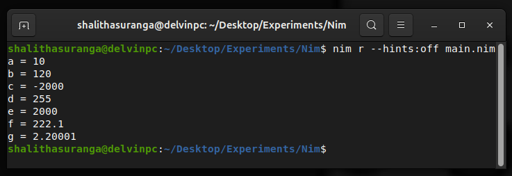 Demonstrating using primary data types in Nim, a screenshot by the author