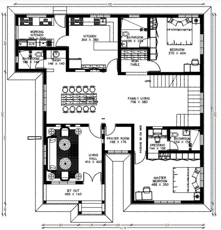 1382x1470 furniture layout plan of the ground floor in AutoCAD 2D ...