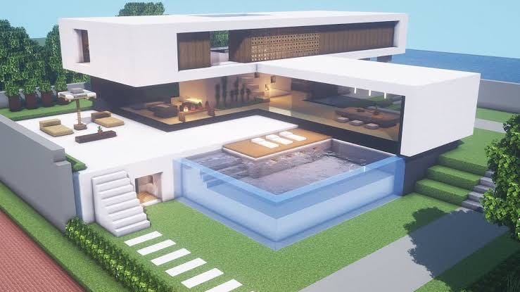 Modern minecraft house with swimming pool