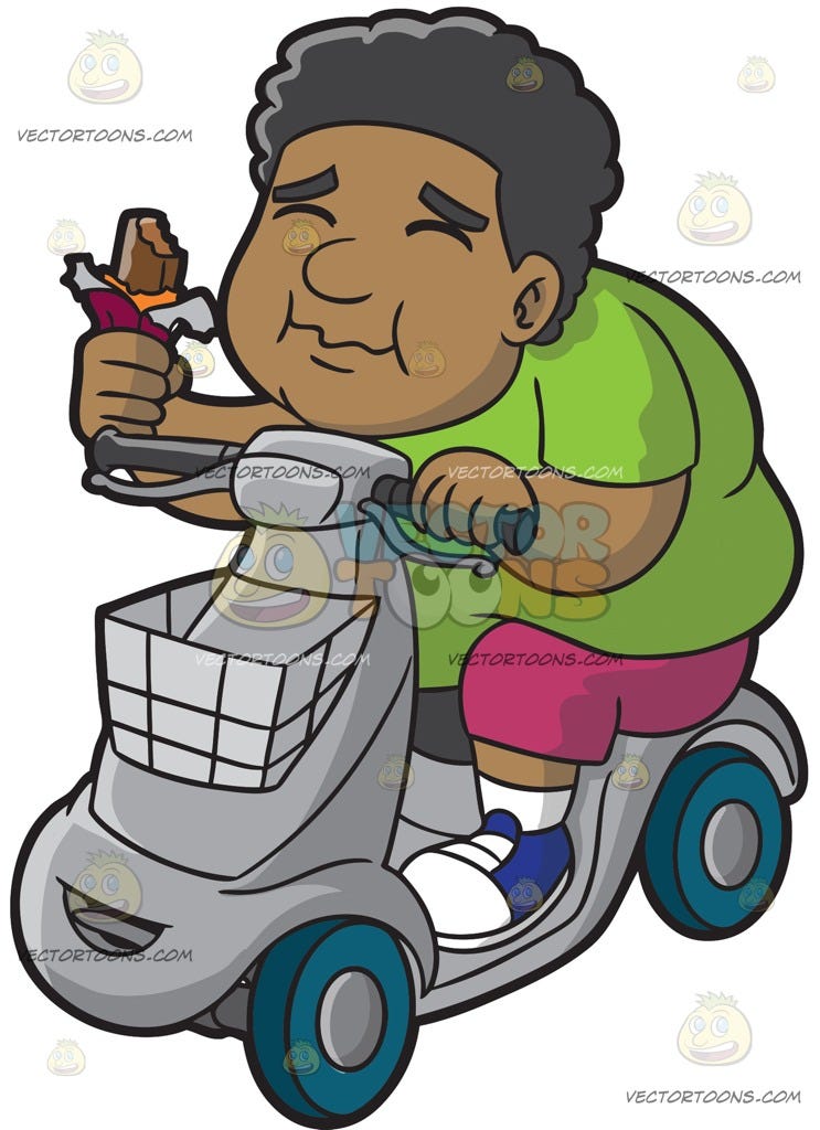 A Black Overweight Man On A Scooter Enjoying A Chocolate Bar | by Vector  Toons | Medium