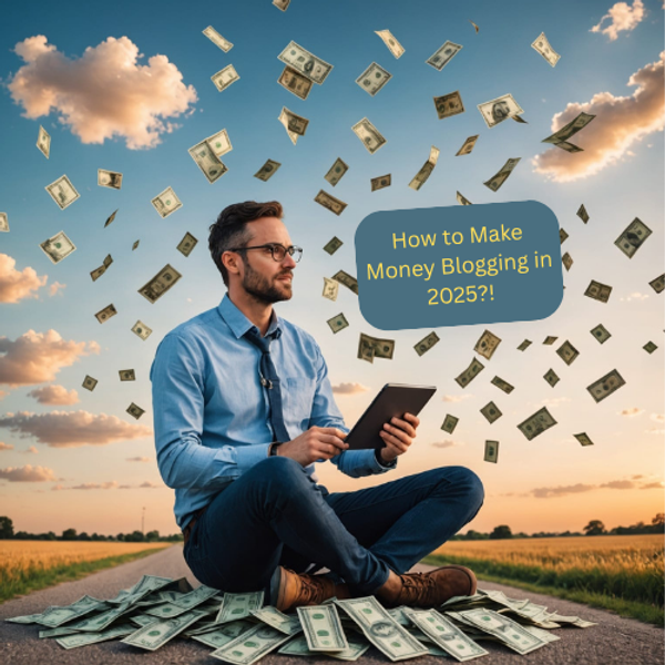 A man with a tablet in his hands is sitting and money is falling from the sky