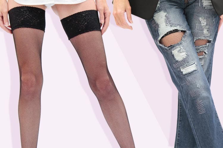 Fishnet Tights, Stockings Under Ripped Jeans