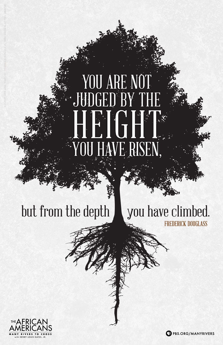 Kevon Greene’s design of a tree with deep roots symbolizes Douglass’s journey from slavery to freedom, highlighting his resilience, perseverance, and fight for equality (Greene).