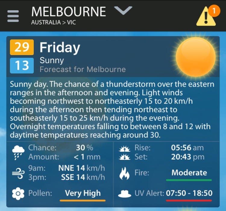 Screen grab from my weather app