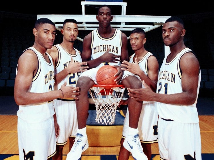 From L to R: Jimmy King, Juwan Howard, Chris Webber, Jalen Rose, Ray Jackson