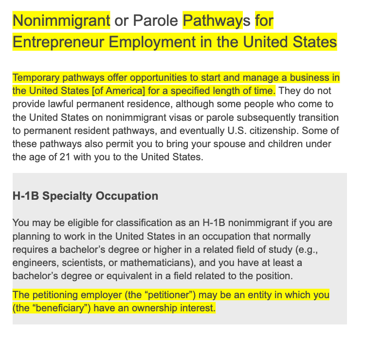 H1B Cap Subject Nonimmigrant Worker Pathway for Entrepreneur