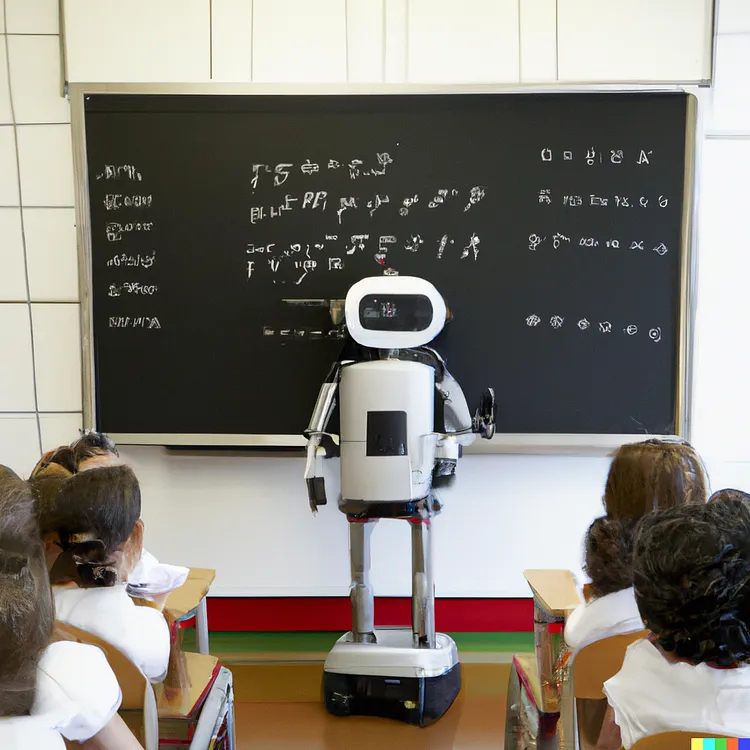 Robot stanfing in front of a blackboard at front of classroom