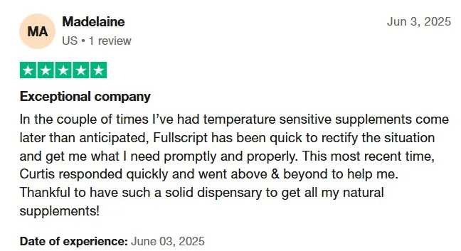Fullscript reviews on Trustpilot highlighting responsive support for temperature-sensitive supplement orders.