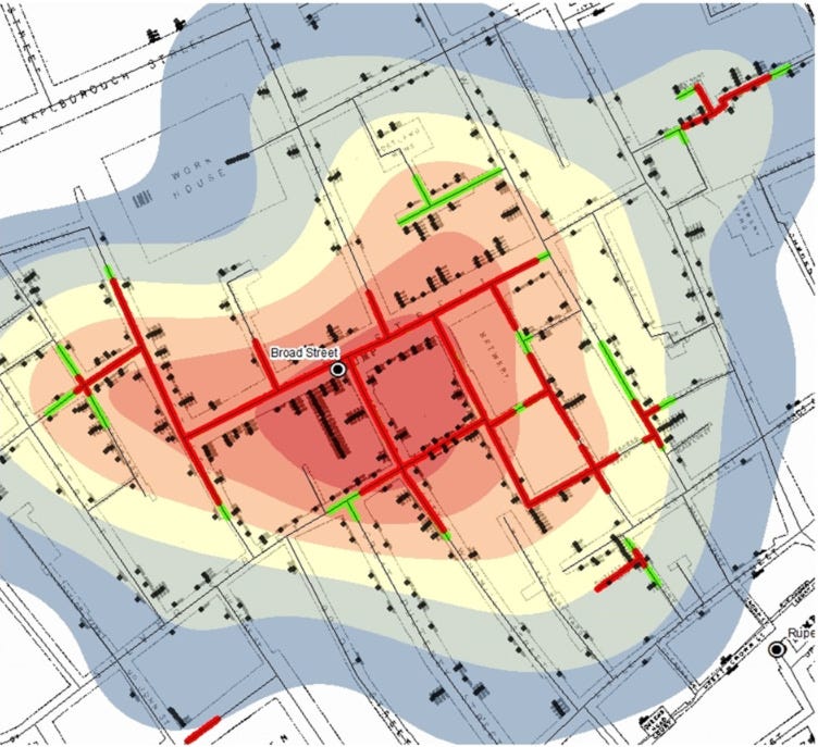 Edited map by John Snow of the cholera outbreak (URL)