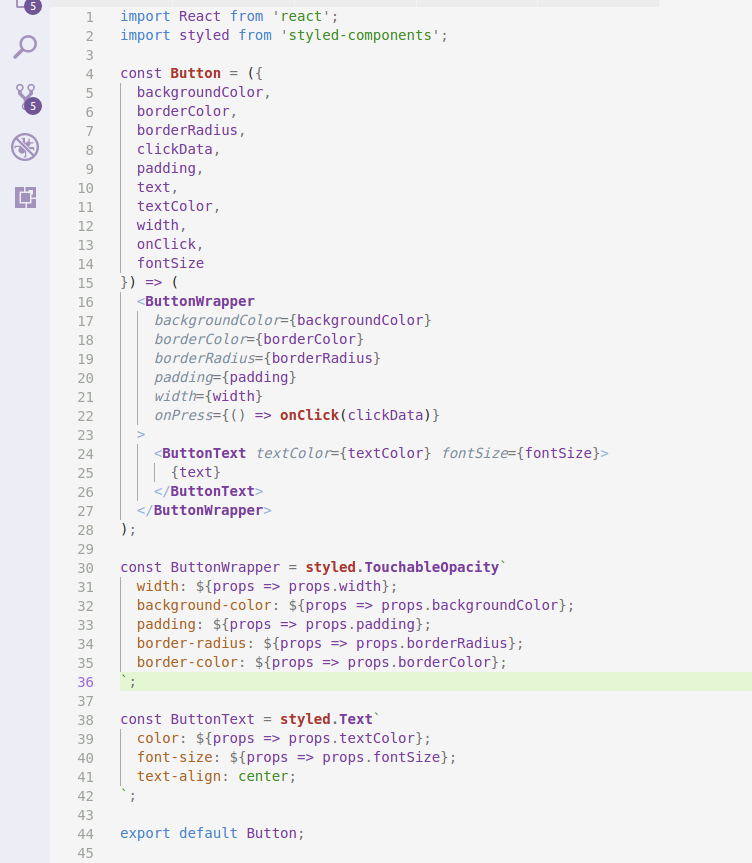 Image 4: Button component styled with styled components and props coming from the caller component