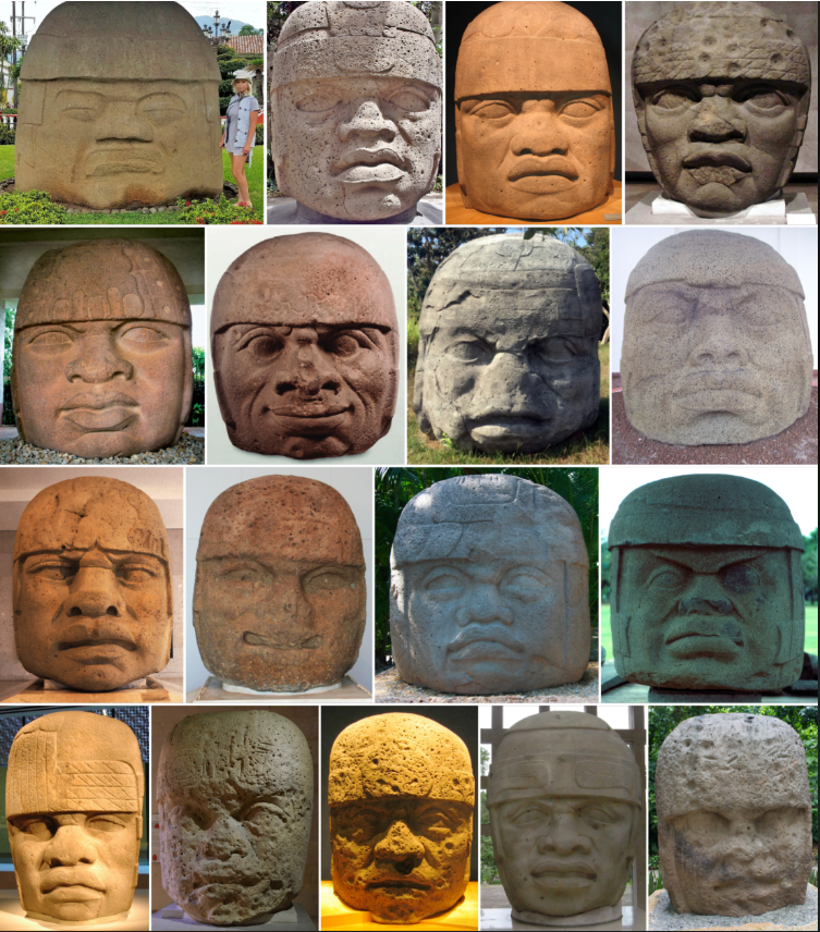 “All of the 17 known Olmec colossal heads discovered so far. The heads date from at least 900 BCE, and it is thought that they represent portraits of powerful individual Olmec rulers. The head, in the 1st picture, is the largest of them all, measuring 3.4 m in height and weighs 40 tons [2205x2538].” Caption and image by ArtefactPorn via Museum of Artifacts. Reddit. Individual images available at Wikipedia.