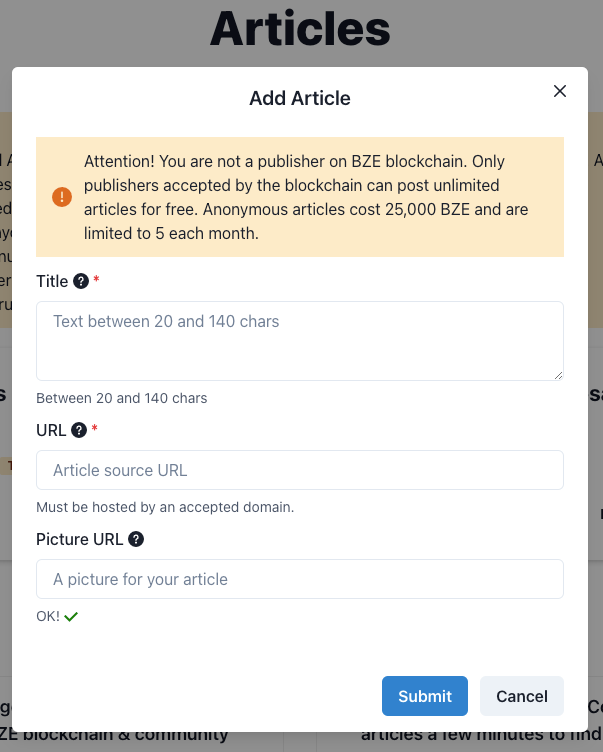 CoinTrunk decentralized application based on BZE Blockchain add article form