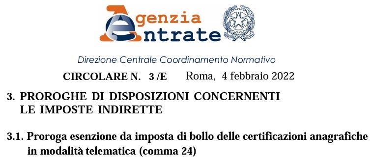 Certificato anagrafico esente bollo
