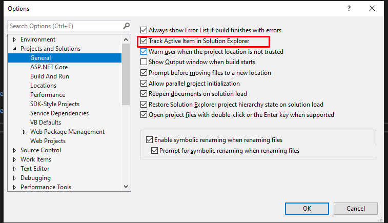 How to track an active file in solution explorer in Visual Studio while ...