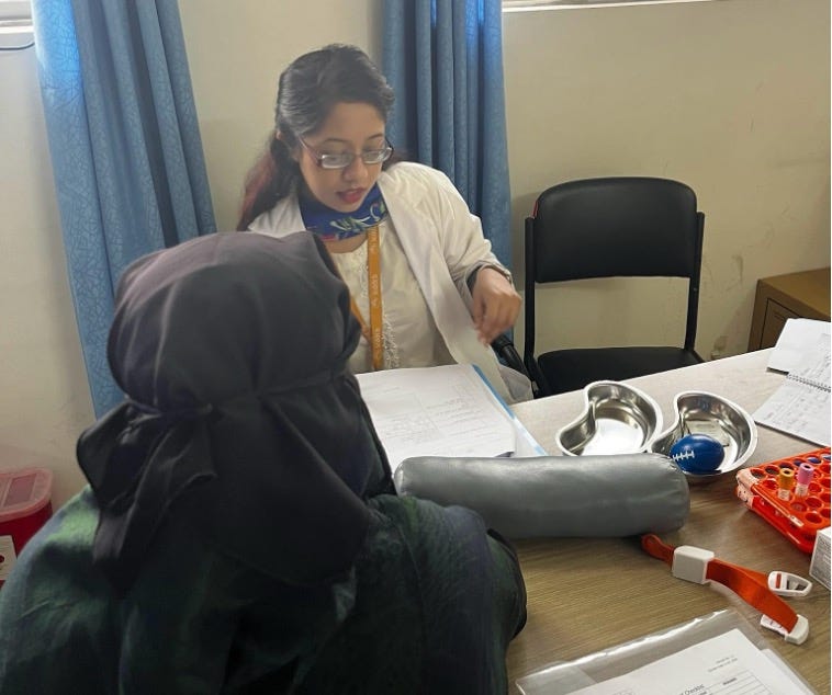 Dr. Nowrin Nusrat Nova of icddr,b with one of the project’s first participants during an interview session. Photo credit: Hiba Babiker