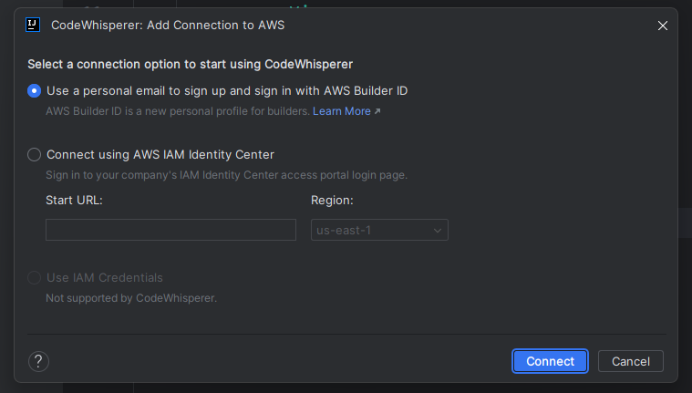 Añadir una nueva conexión con AWS Builder ID