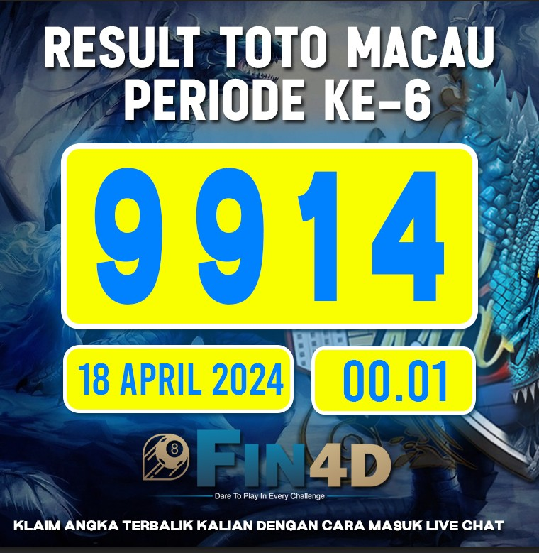 TOTO MACAU 4D PERIODE 6 TANGGAL : 18 APRIL 2024 SAH DI ANGKA 9 9 1 4