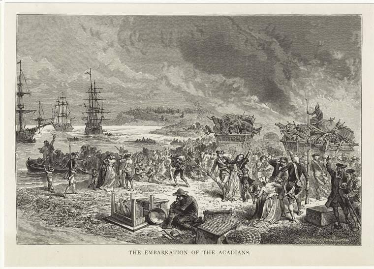 The Embarkation of the Acadians, 1881. Wood engraving by Émile Antoine Bayard and Henri Théophile Hildibrand. Courtesy of Art and Picture Collection, New York Public Library Digital Collections.