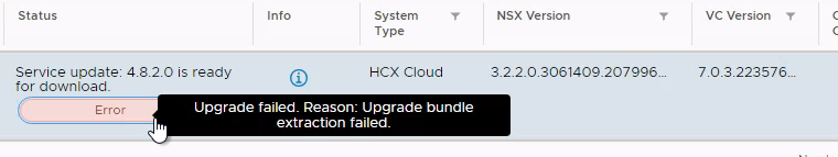 Error | Upgrade HCX Manager
