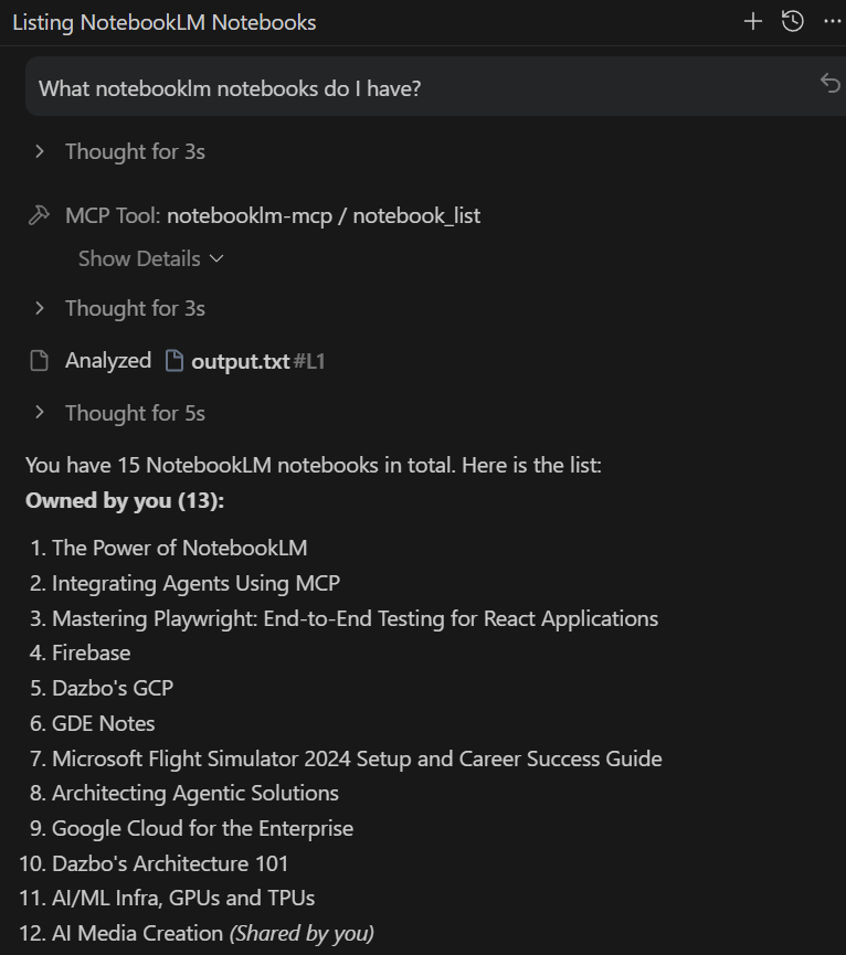 NotebookLM MCP listing my notebooks