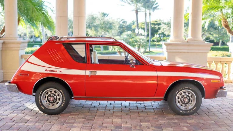 This is a much prettier, later model Gremlin than the 1975 baby poop green and white one we drove. Photo from Motor Trend