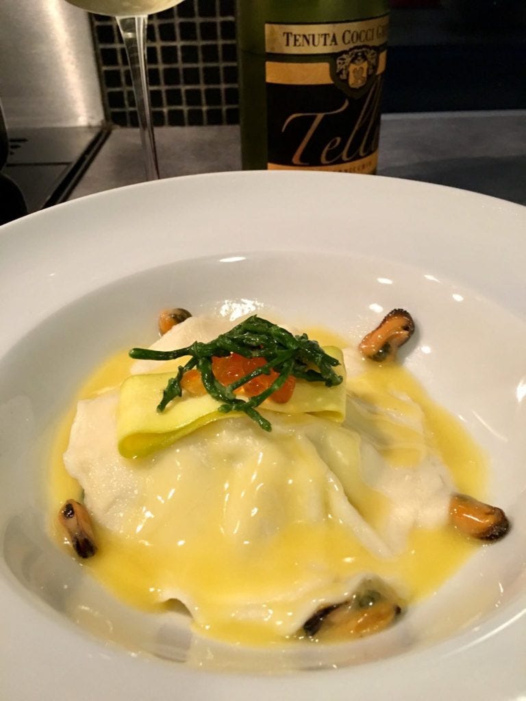Scallop mousse homemade ravioli pasta, mussels, pickled courgette ...