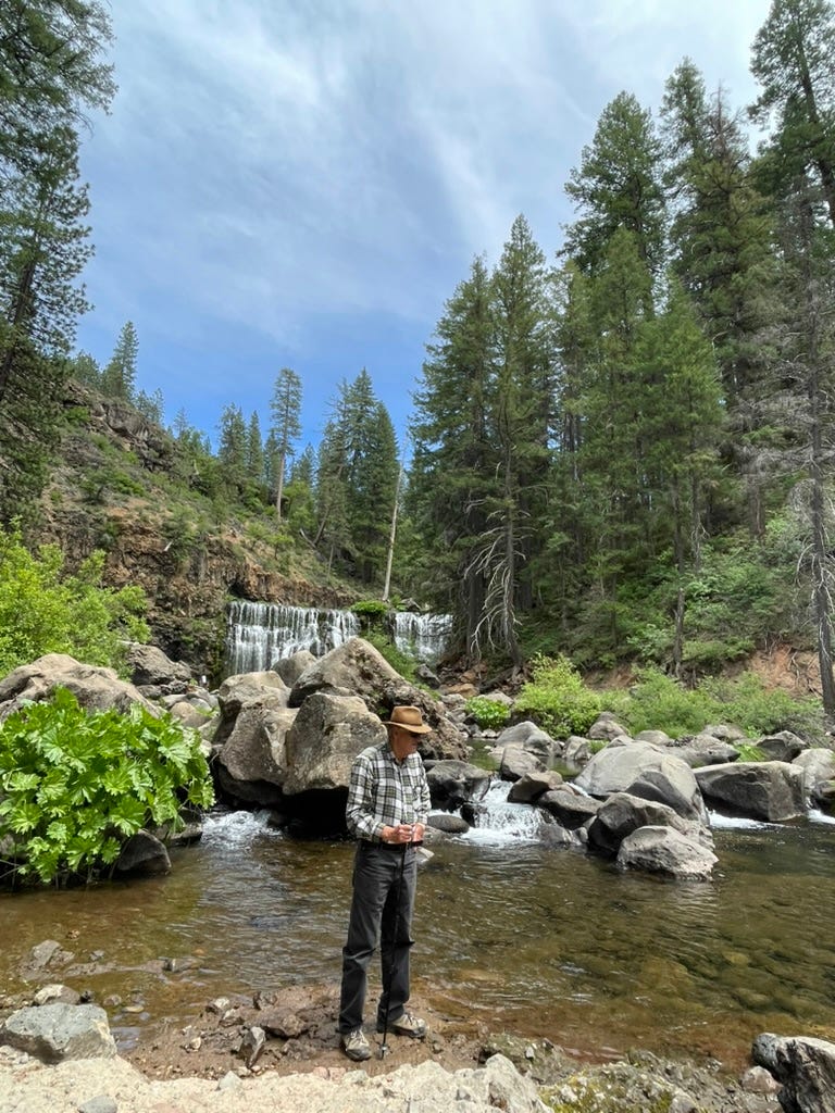 Inveterate fly fisherman, also a tango dancer, enjoys the music of falls on McCloud River.
