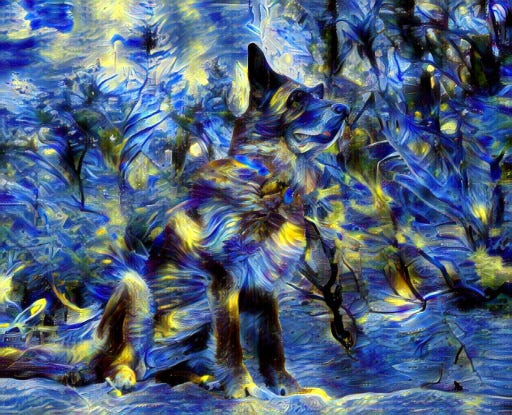 german shepherd with van gogh starry night style