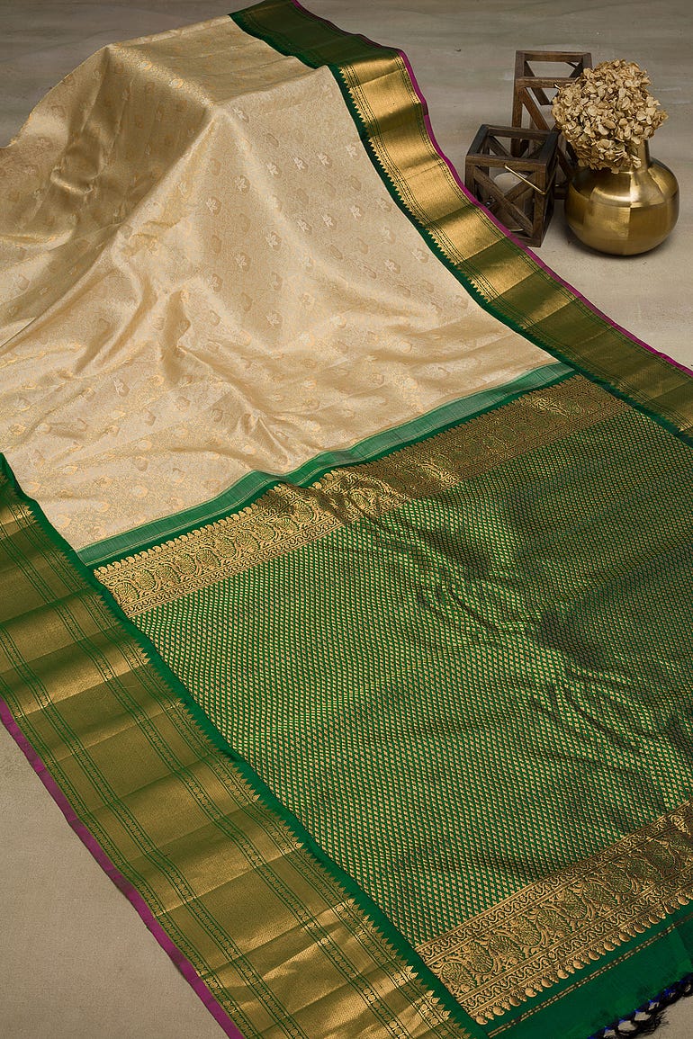 Pearled Ivory Cream Zari Woven Gadwal Silk Saree