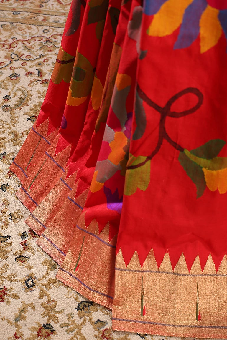 Crimson Red Zari Woven Paithani Silk Saree with Unstitched Blouse