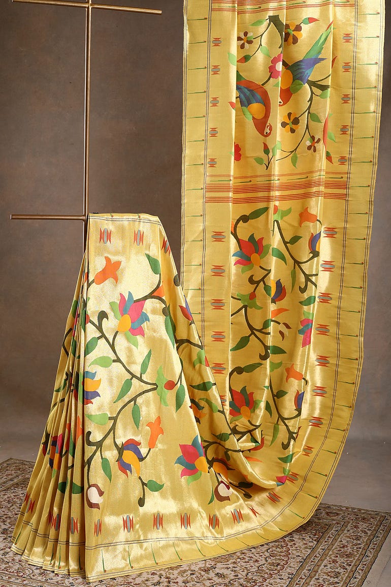 Gold Paithani Tissue Saree With Zari Woven And Unstitched Blouse